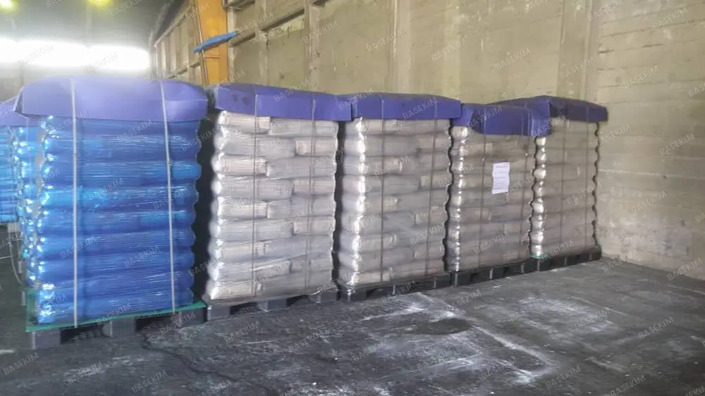 Strapped and wrapped gilsonite pallets ready to ship